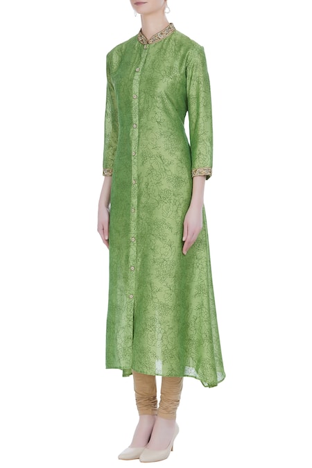 Buy_Manasi Sengupta_Green Bamber Silk Embroidery Floral Round Asymmetric Hemine Kurta Set  _Online_at_Aza_Fashions