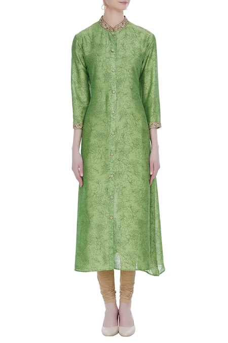 Shop_Manasi Sengupta_Green Bamber Silk Embroidery Floral Round Asymmetric Hemine Kurta Set  _Online_at_Aza_Fashions