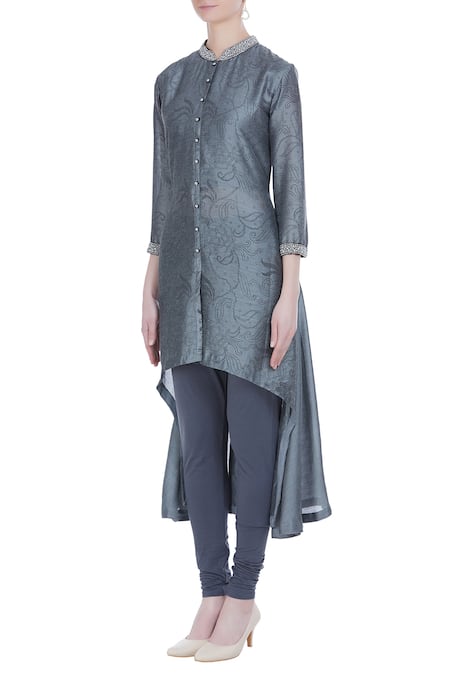 Buy_Manasi Sengupta_Grey Bamber Silk Print Floral Round Kurta With Churidar  _Online_at_Aza_Fashions