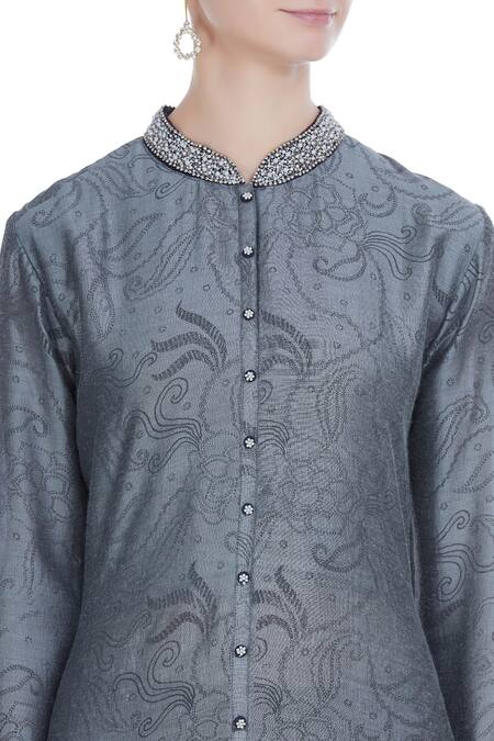 Manasi Sengupta_Grey Bamber Silk Print Floral Round Kurta With Churidar  _at_Aza_Fashions