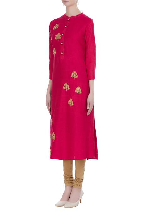 Buy_Manasi Sengupta_Red Matka Linen Embroidered Thread Round Kurta With Churidar  _Online_at_Aza_Fashions