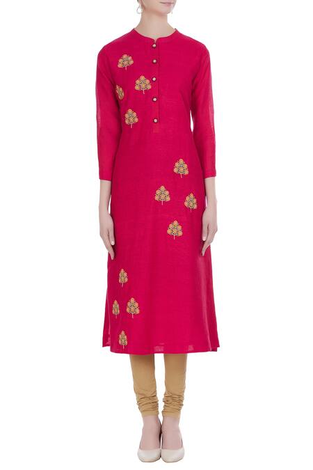 Shop_Manasi Sengupta_Red Matka Linen Embroidered Thread Round Kurta With Churidar  _Online_at_Aza_Fashions