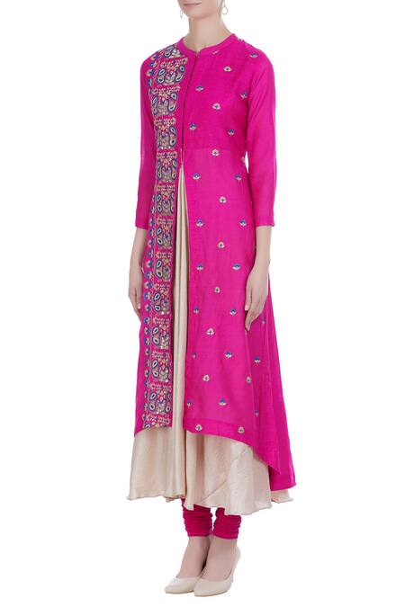 Buy_Manasi Sengupta_Pink Matka Linen Embroidered Thread Mandarin Collar Kurta Set  _Online_at_Aza_Fashions