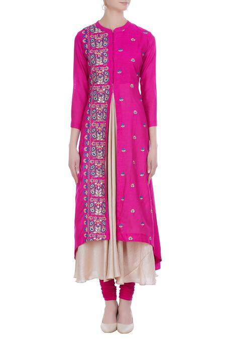 Shop_Manasi Sengupta_Pink Matka Linen Embroidered Thread Mandarin Collar Kurta Set  _Online_at_Aza_Fashions