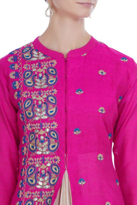 Manasi Sengupta_Pink Matka Linen Embroidered Thread Mandarin Collar Kurta Set  _at_Aza_Fashions