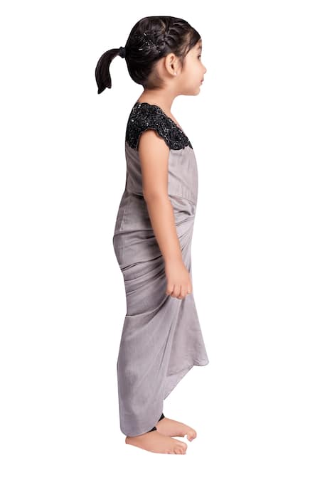 Neha Gursahani_Grey Cotton, Lycra Embroidery Draped Dress With Churidar _Online_at_Aza_Fashions