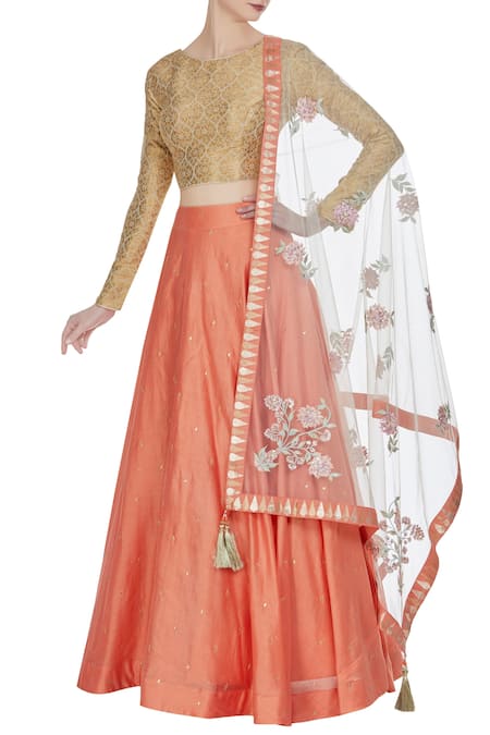 MATSYA Gold Banarasi Embroidered Choli With Lehenga And Parsi Dupatta