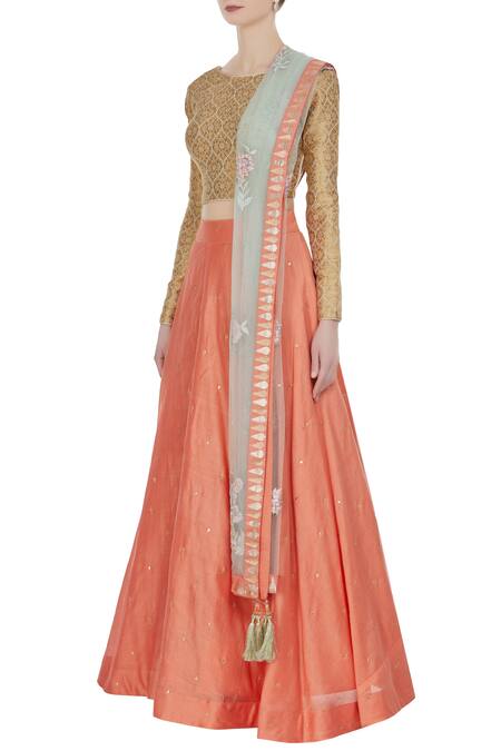 Buy_Matsya_Gold Banarasi Embroidered Choli With Lehenga And Parsi Dupatta_Online_at_Aza_Fashions