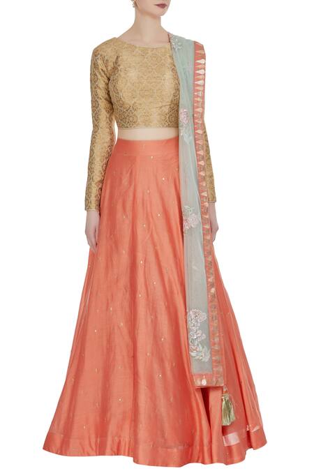 Shop_Matsya_Gold Banarasi Embroidered Choli With Lehenga And Parsi Dupatta_Online_at_Aza_Fashions