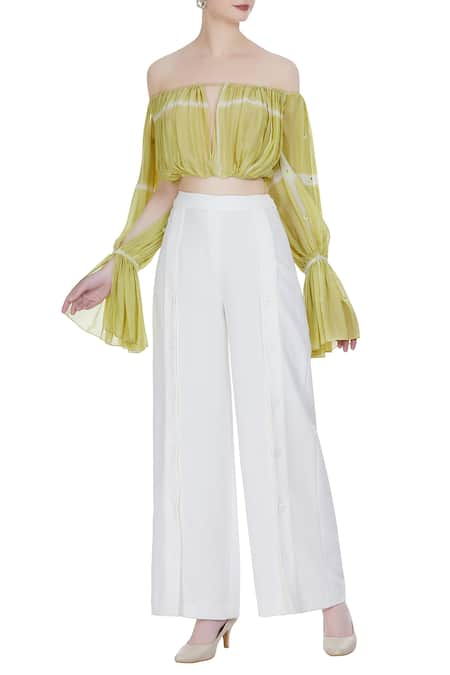 Babita Malkani Yellow Silk Plain Tie-dye Cutout Off-shoulder Crop Top With High-waist Pants 