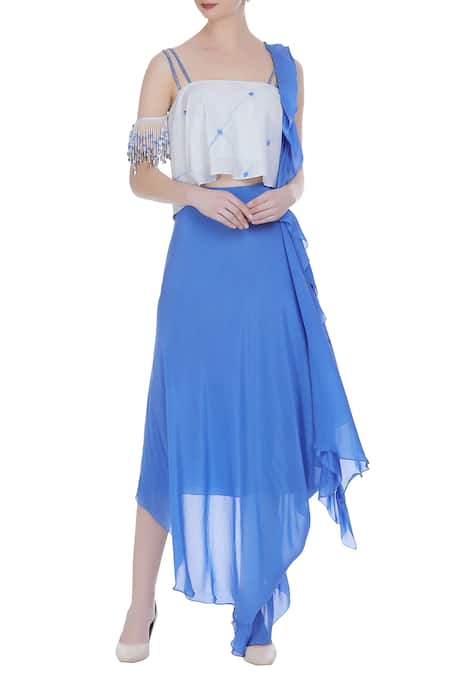 Babita Malkani Blue Silk Embroidered Thread Square Ruffle Tassel Blouse With Draped Saree Skirt