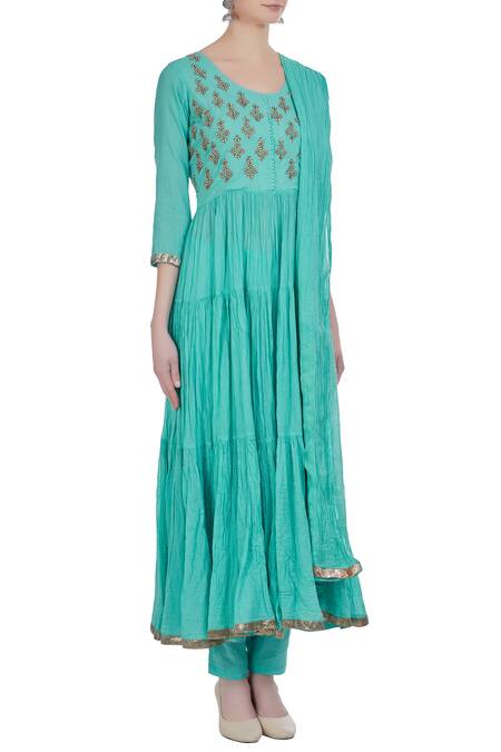 Nazar By Indu_Blue Kundan And Pearl Anarkali Set_Online_at_Aza_Fashions