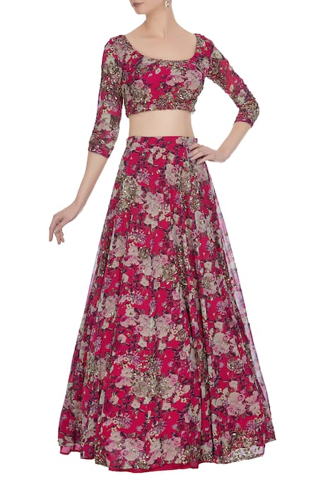 Buy Pink Georgette Embroidered Floral Print And Lehenga Set By Astha ...