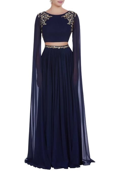 Pooja Peshoria_Blue Georgette Embroidered Floral Hand Cutdana And Pearl Lehenga With Blouse _Online_at_Aza_Fashions