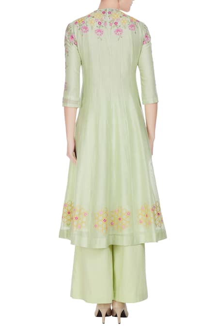 Rajat & Shraddha Light green chanderi silk resham embroidered flared kurta set 
