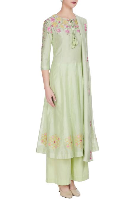 Rajat & Shraddha_Green Light Chanderi Silk Resham Embroidered Flared Kurta Set  _Online_at_Aza_Fashions