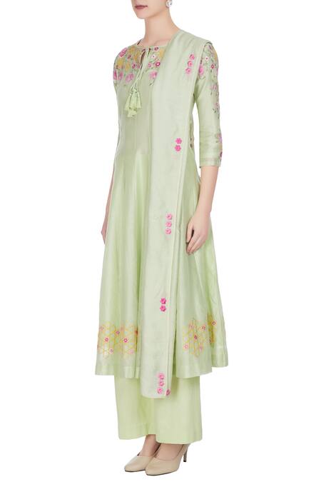 Buy_Rajat & Shraddha_Green Light Chanderi Silk Resham Embroidered Flared Kurta Set  _Online_at_Aza_Fashions