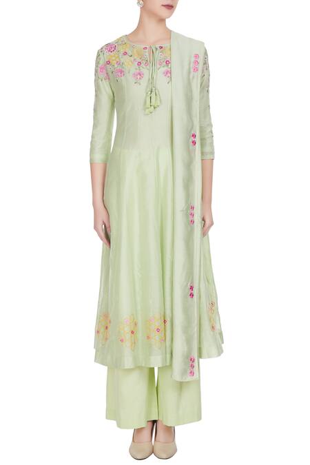 Shop_Rajat & Shraddha_Green Light Chanderi Silk Resham Embroidered Flared Kurta Set  _Online_at_Aza_Fashions