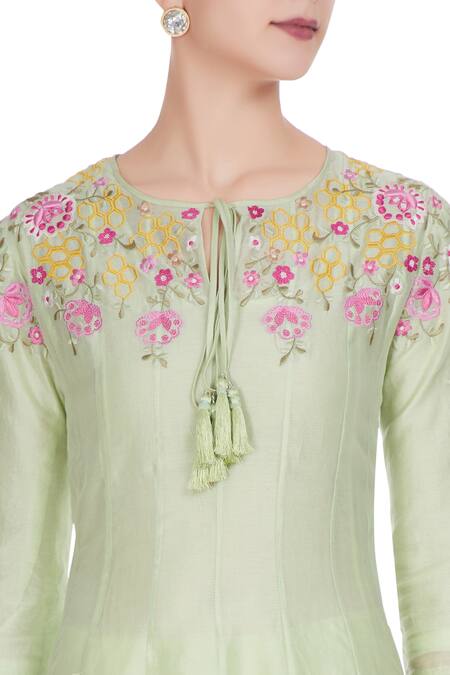 Rajat & Shraddha_Green Light Chanderi Silk Resham Embroidered Flared Kurta Set  _at_Aza_Fashions