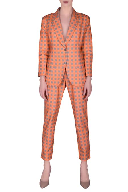 Nautanky Orange Cotton Printed Checkered Notched Lapel Blazer And Pant Set  