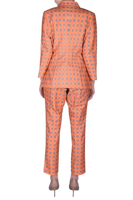 Shop_Nautanky_Orange Cotton Checkered Print Notched Lapel Collar Blazer And Pant Set _at_Aza_Fashions