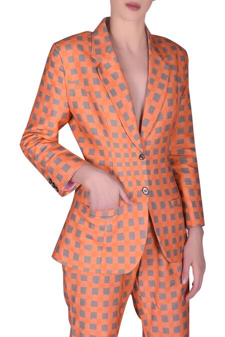 Nautanky_Orange Cotton Checkered Print Notched Lapel Collar Blazer And Pant Set _Online_at_Aza_Fashions