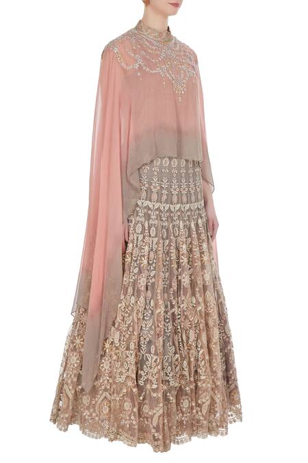 Kavita Bhartia_Pink Chiffon Embroidered Thread Lehenga With Flared Sleeves Cape Top  _Online_at_Aza_Fashions
