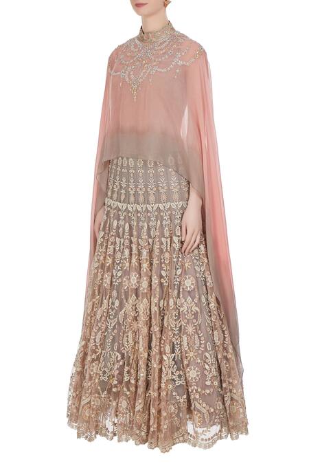 Buy_Kavita Bhartia_Pink Chiffon Embroidered Thread Lehenga With Flared Sleeves Cape Top  _Online_at_Aza_Fashions
