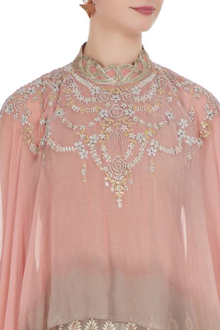 Kavita Bhartia_Pink Chiffon Embroidered Thread Lehenga With Flared Sleeves Cape Top  _at_Aza_Fashions