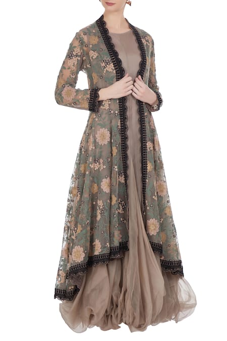 Kavita Bhartia Grey Tunic Organza Embroidered Floral Balloon Flared With Jacket  