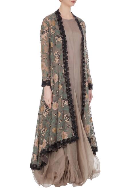 Kavita Bhartia_Grey Tunic Organza Embroidered Floral Balloon Flared With Jacket  _Online_at_Aza_Fashions