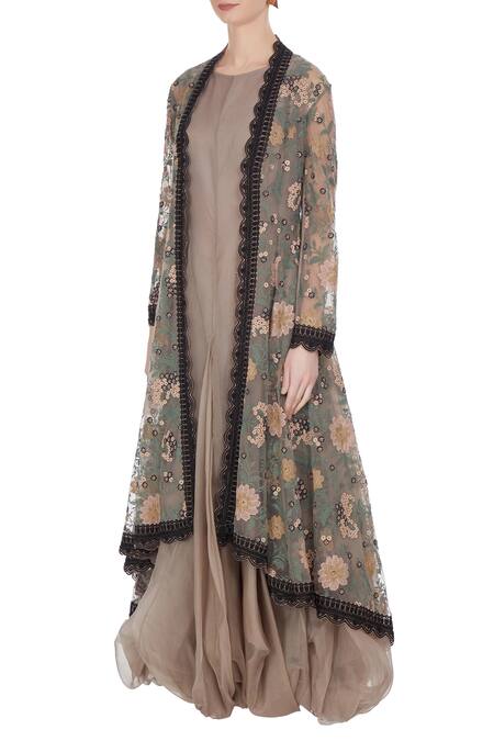 Buy_Kavita Bhartia_Grey Tunic Organza Embroidered Floral Balloon Flared With Jacket  _Online_at_Aza_Fashions