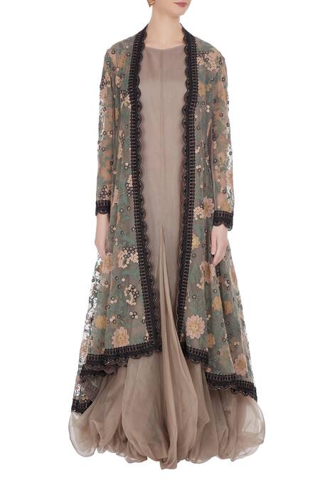 Shop_Kavita Bhartia_Grey Tunic Organza Embroidered Floral Balloon Flared With Jacket  _Online_at_Aza_Fashions