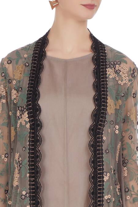 Kavita Bhartia_Grey Tunic Organza Embroidered Floral Balloon Flared With Jacket  _at_Aza_Fashions