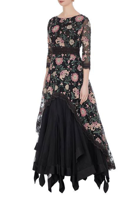 Buy Kavita Bhartia Black Organza Embroidered Floral Boat Draped Tunic With Waistband Online at Aza Fashions Buy_Kavita Bhartia_Black Organza Embroidered Floral Boat Draped Tunic With Waistband _Online_at_Aza_Fashions