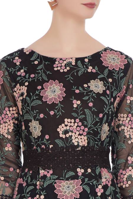 Kavita Bhartia Black Organza Embroidered Floral Boat Draped Tunic With Waistband at Aza Fashions Kavita Bhartia_Black Organza Embroidered Floral Boat Draped Tunic With Waistband _at_Aza_Fashions