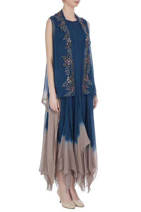 Kavita Bhartia_Blue Chiffon Embroidered Zari Jacket Open Asymmetrical Tunic With  _Online_at_Aza_Fashions