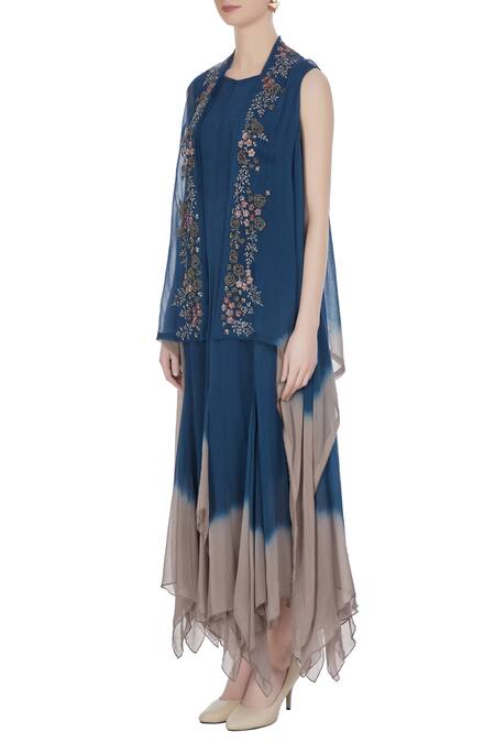 Buy_Kavita Bhartia_Blue Chiffon Embroidered Zari Jacket Open Asymmetrical Tunic With  _Online_at_Aza_Fashions