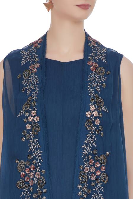 Kavita Bhartia_Blue Chiffon Embroidered Zari Jacket Open Asymmetrical Tunic With  _at_Aza_Fashions