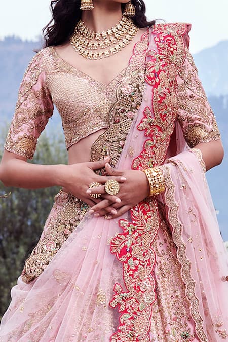 Shop Dolly J Pink Raw Silk, Tulle Floral Motifs V Cyan Dust Embroidered Bridal Lehenga Set at Aza Fashions Shop_Dolly J_Pink Raw Silk, Tulle Floral Motifs V Cyan Dust Embroidered Bridal Lehenga Set _at_Aza_Fashions