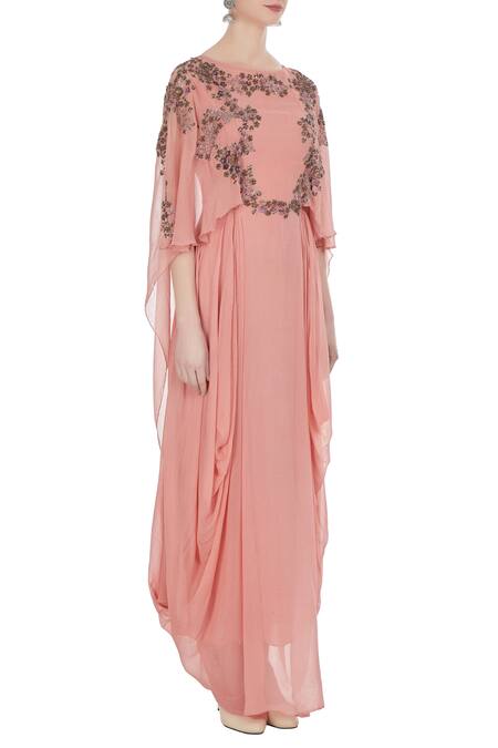 Kavita Bhartia_Peach Chiffon Round Embellished Gown  _Online_at_Aza_Fashions