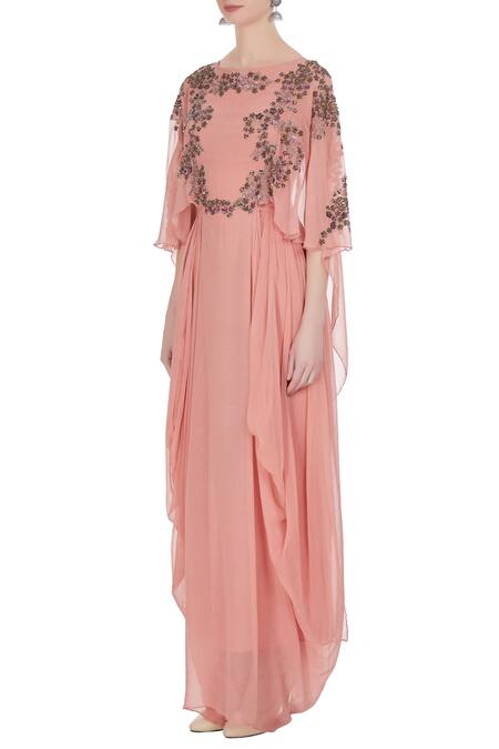 Buy_Kavita Bhartia_Peach Chiffon Round Embellished Gown  _Online_at_Aza_Fashions