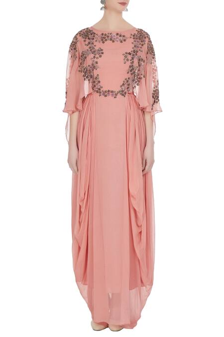 Shop_Kavita Bhartia_Peach Chiffon Round Embellished Gown  _Online_at_Aza_Fashions