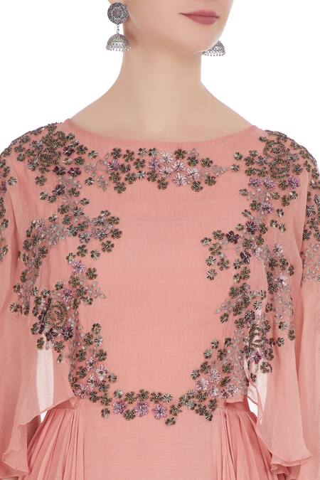 Kavita Bhartia_Peach Chiffon Round Embellished Gown  _at_Aza_Fashions