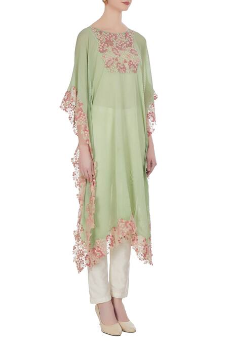 Kavita Bhartia_Green Embroidered Kaftan With Asymmetric Hemline _Online_at_Aza_Fashions