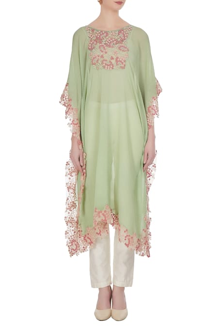 Shop_Kavita Bhartia_Green Embroidered Kaftan With Asymmetric Hemline _Online_at_Aza_Fashions
