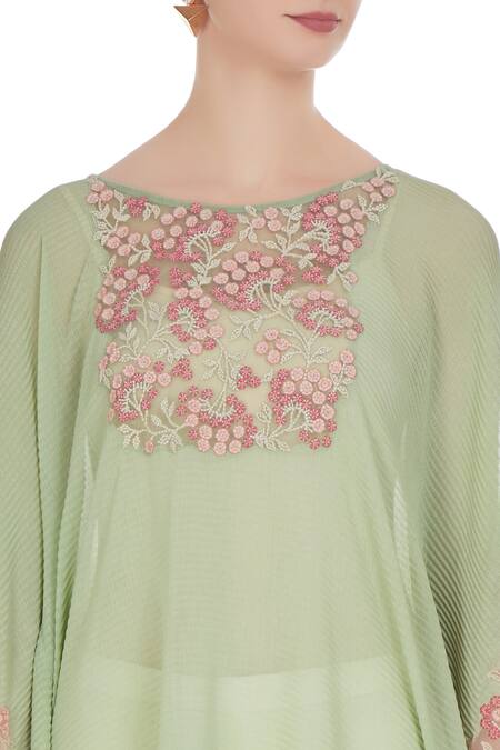 Kavita Bhartia_Green Embroidered Kaftan With Asymmetric Hemline _at_Aza_Fashions