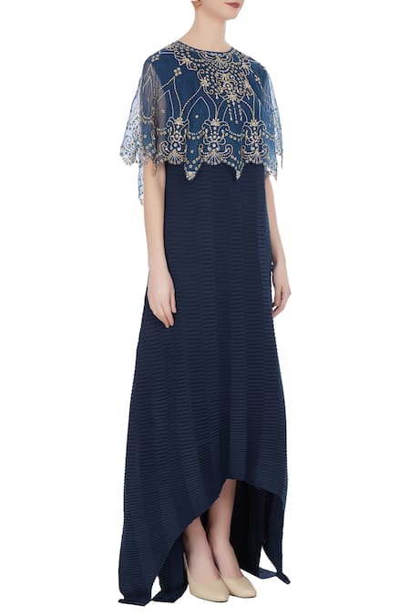 Kavita Bhartia_Blue Gown With Embroidered Cape Top  _Online_at_Aza_Fashions