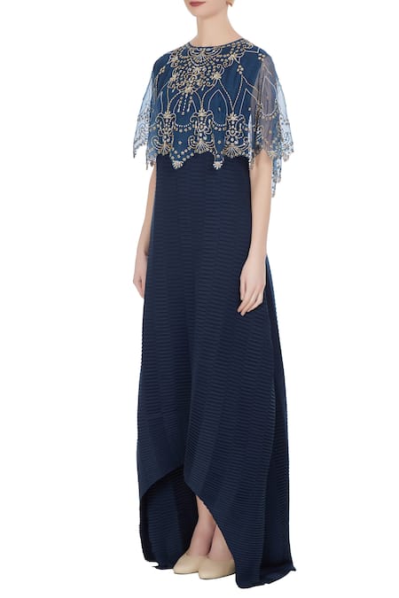 Buy_Kavita Bhartia_Blue Gown With Embroidered Cape Top  _Online_at_Aza_Fashions