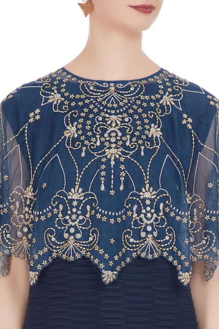 Kavita Bhartia_Blue Gown With Embroidered Cape Top  _at_Aza_Fashions
